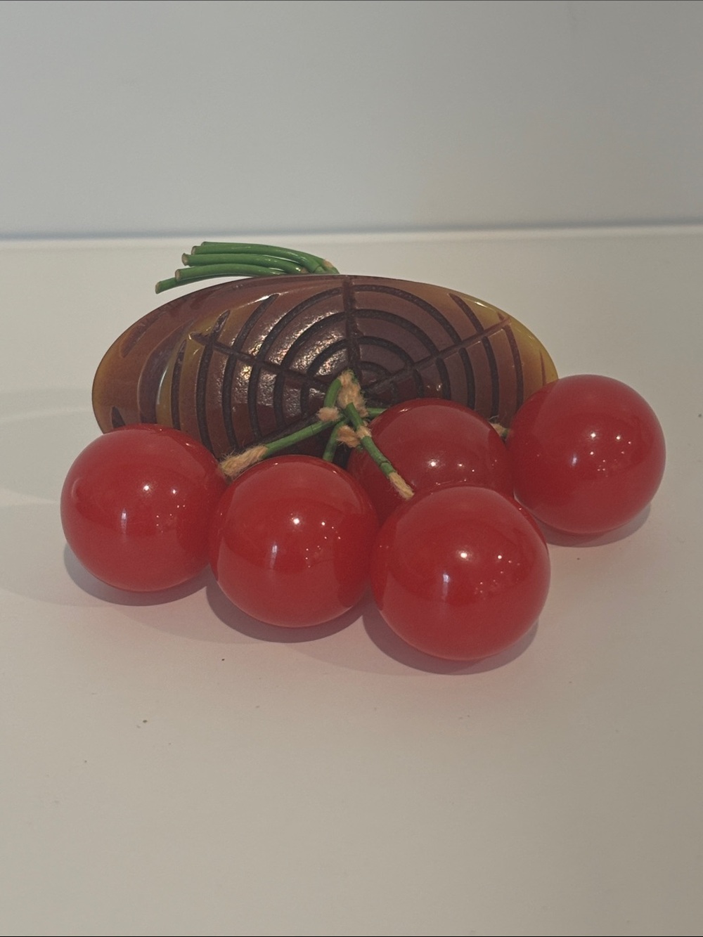Vintage Bakelite Cherry Brooch Pin • Tested Art Deco Carved Log 5 Dangle Cherrie